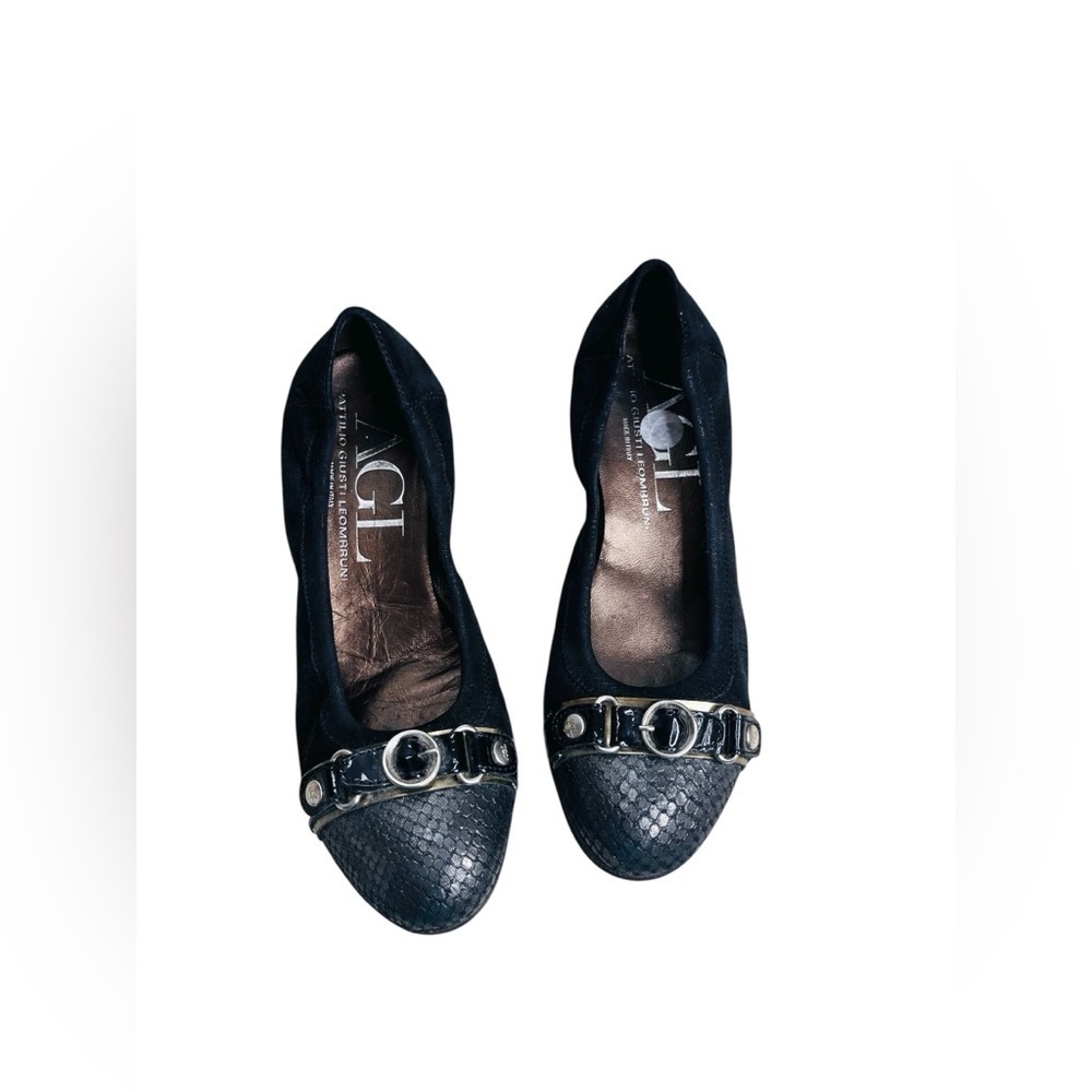 AGL Black Women Shoes Buckle Detail Leather Snake Gray Cap Toe Size 36.5, 6.5 US